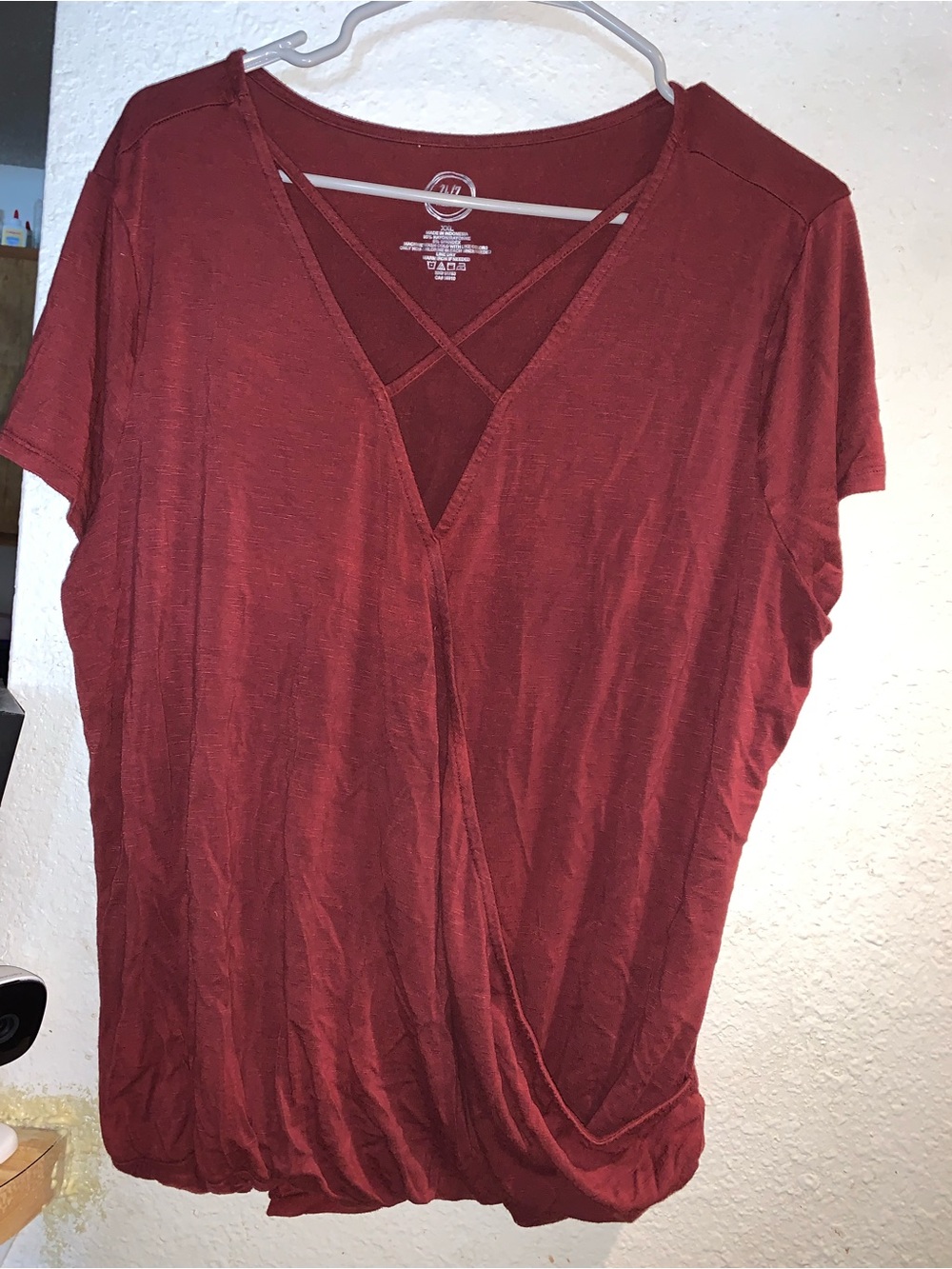Maurices Burgundy Crisscross Surplice Short Sleeve Top